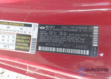2007 Mini Cooper S from USA, damaged, VIN WMWMF73507TL86800
